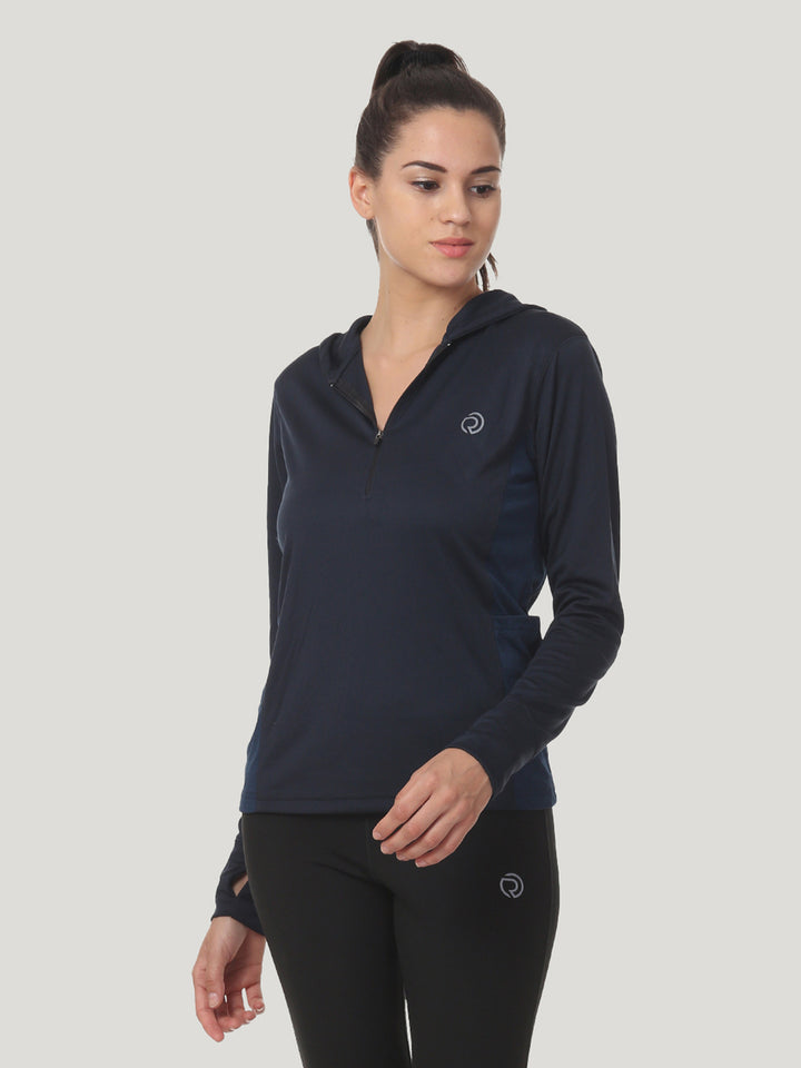 Hooded full sleeve top  with zipper pocket for women's training & sports