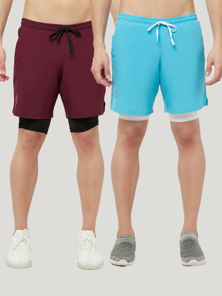 2 pc Combo - 7" 2-in-1 Shorts with Phone Pocket - Maroon & Sky Blue