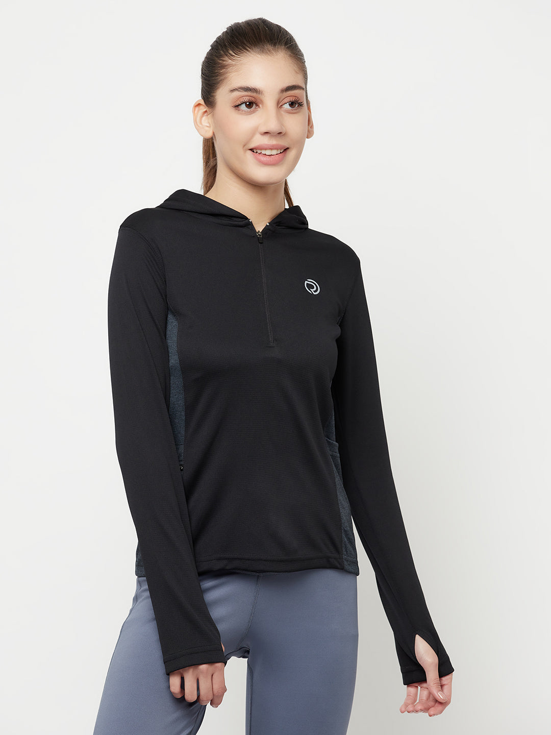 Hooded full sleeve top  with zipper pocket for women's training & sports