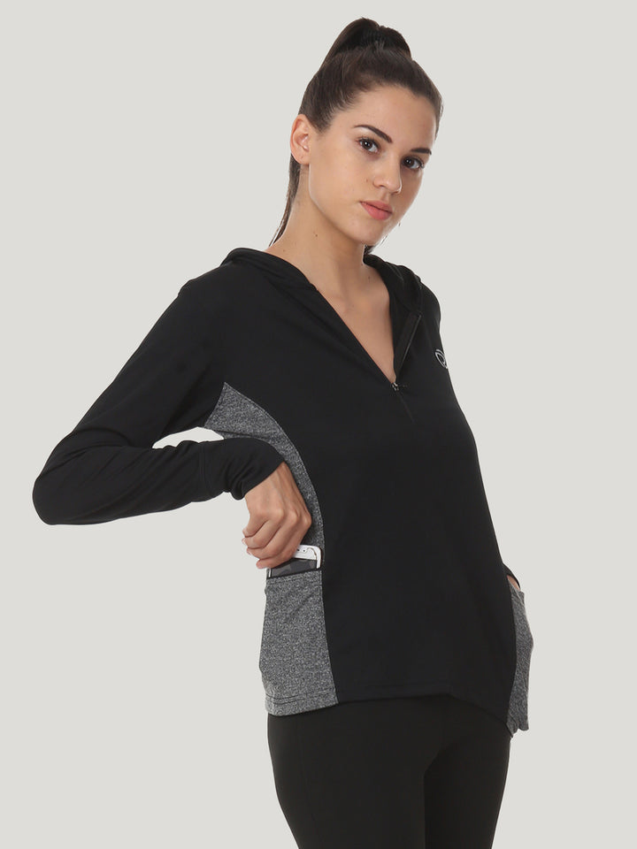 Hooded Full Sleeve Top with Zipper Pocket - Black Anthra