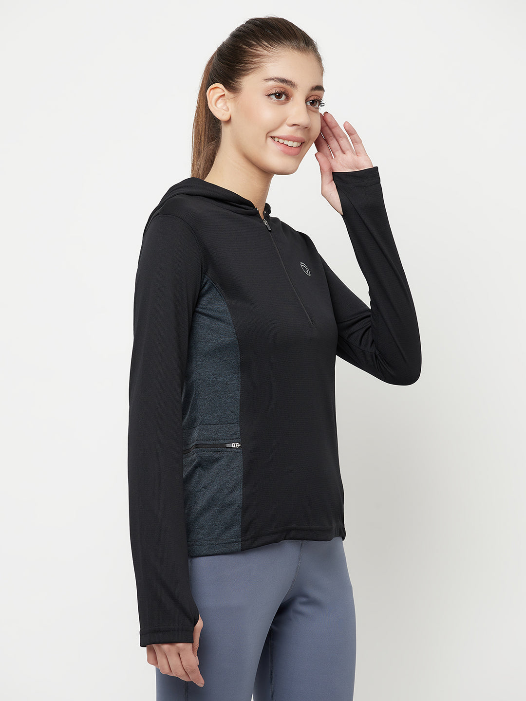 Hooded Full Sleeve Top with Zipper Pocket