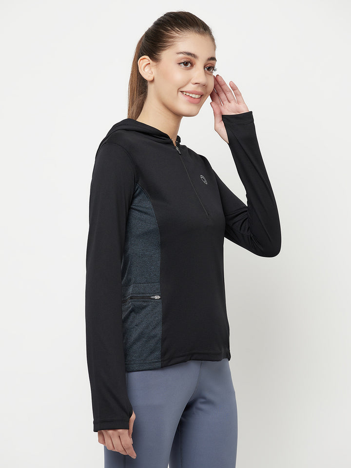 Hooded Full Sleeve Top with Zipper Pocket