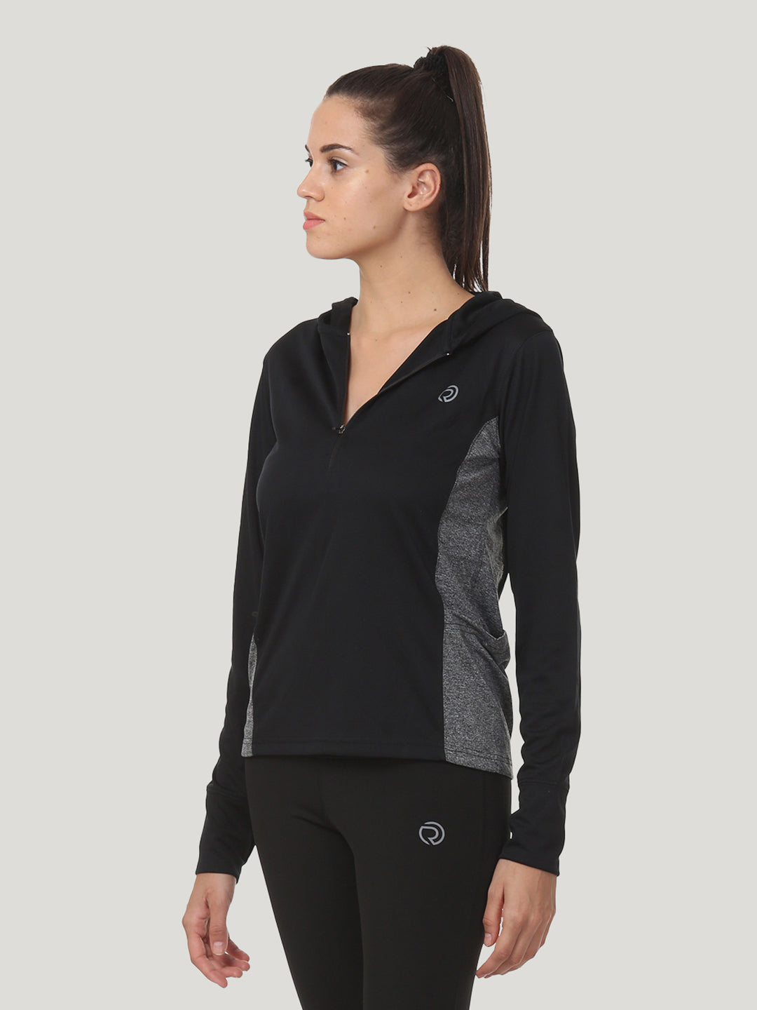 Hooded Full Sleeve Top with Zipper Pocket - Black Anthra