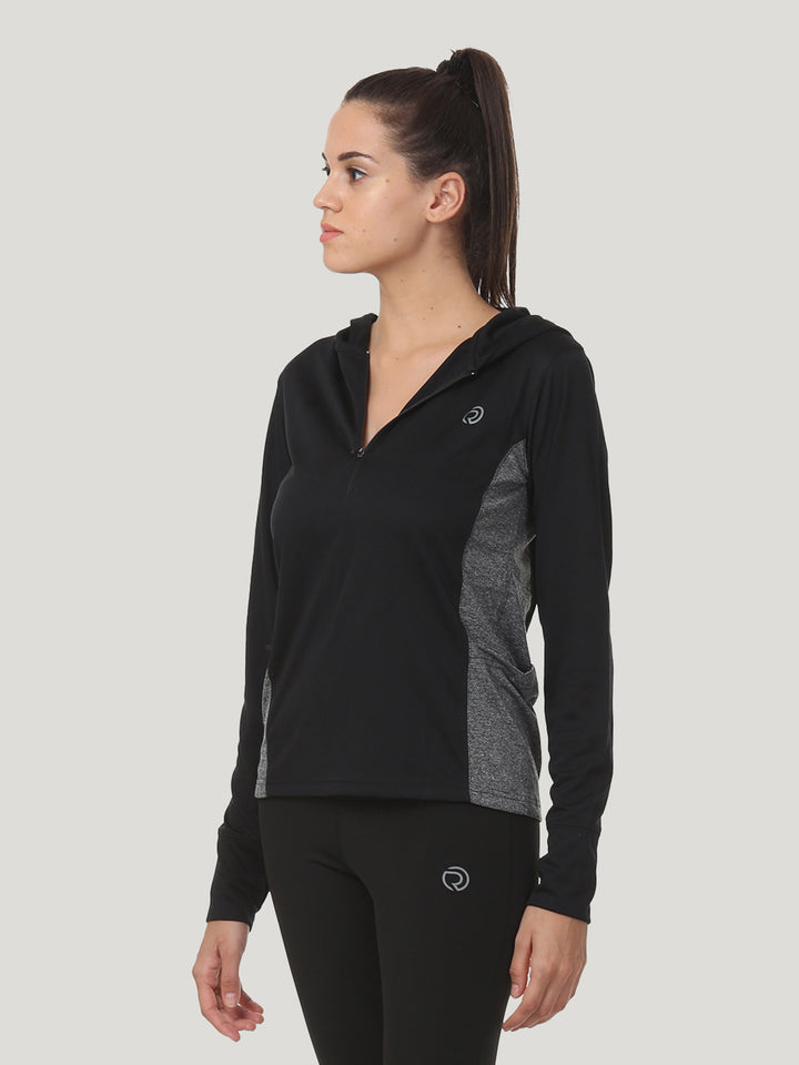 Hooded full sleeve top  with zipper pocket for women's training & sports