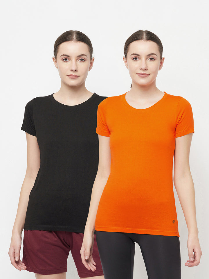 Slim Fit Premium Cotton Tshirts (Pack of 2- Black, Orange)