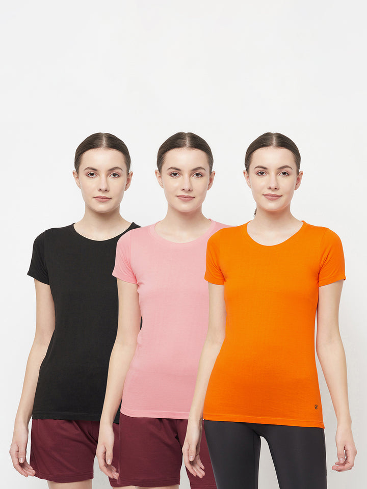 Slim Fit Premium Cotton Tshirts (Pack of 3- Black, Orange, Pink)