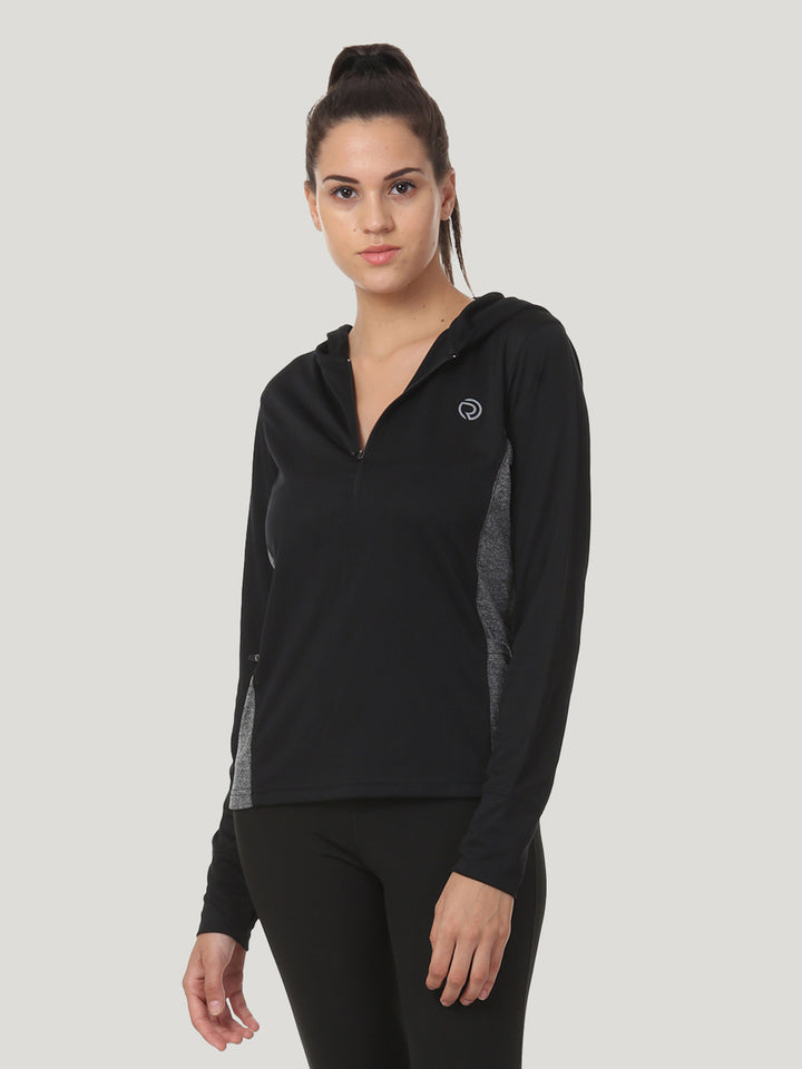 Hooded Full Sleeve Top with Zipper Pocket - Black Anthra