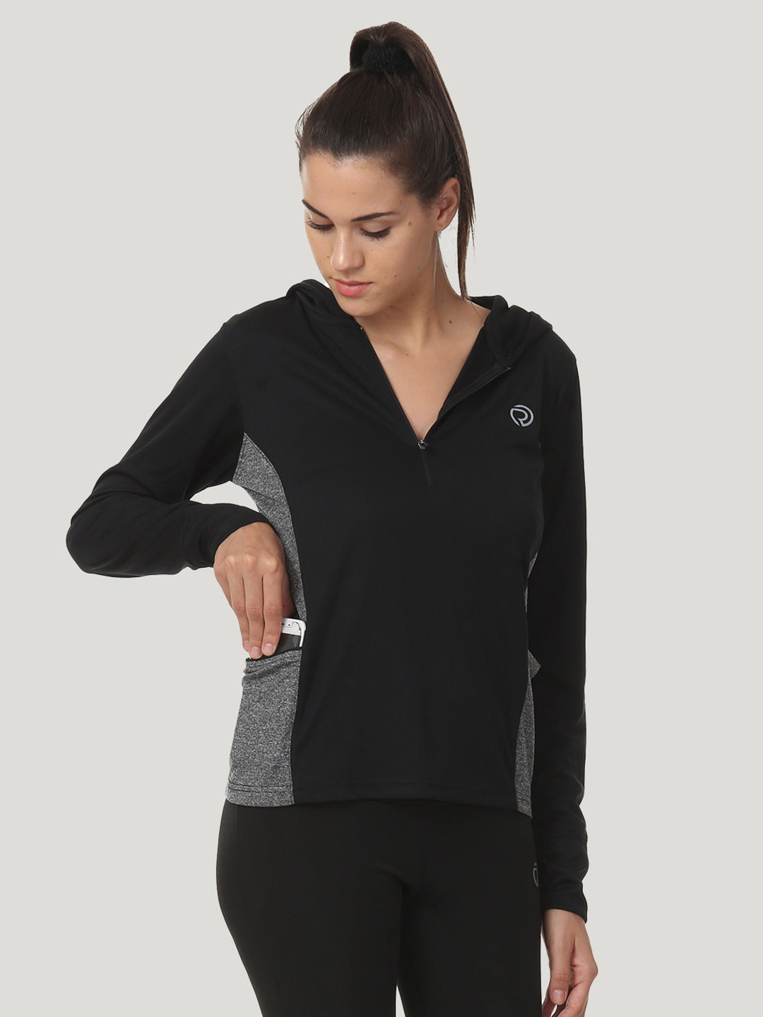 Hooded full sleeve top  with zipper pocket for women's training & sports