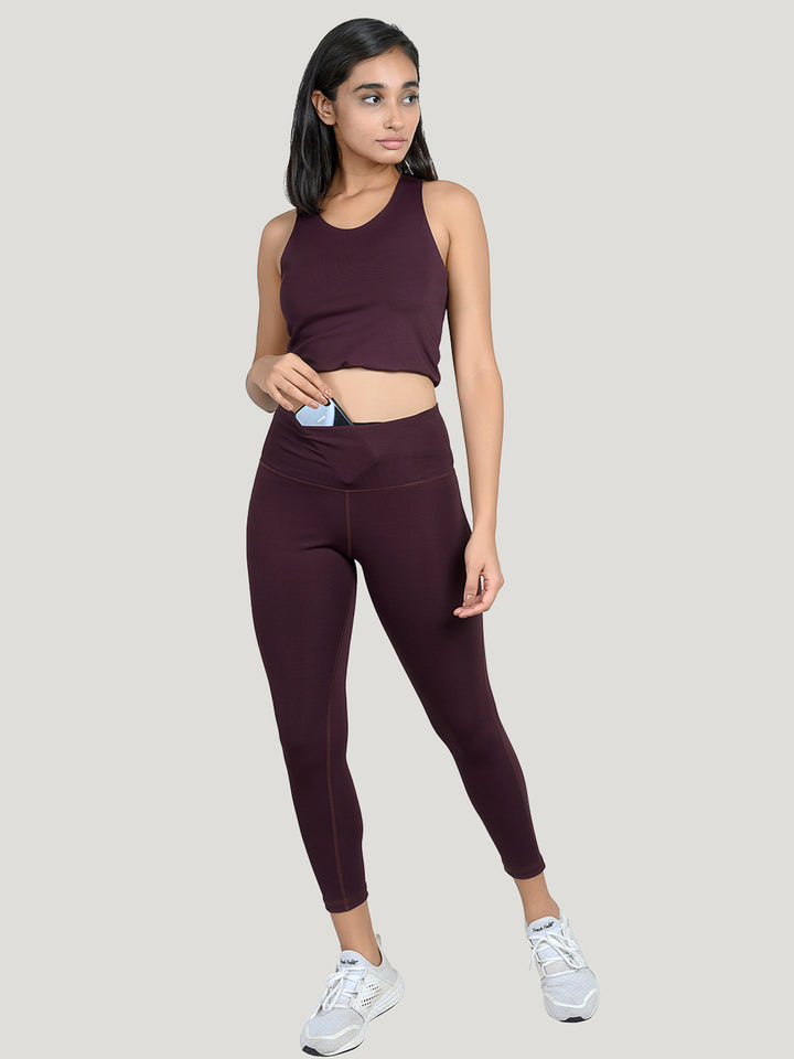 Phone pocket leggings & sports bra combo - Women's Wine Maroon